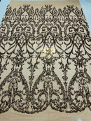 Khaki Sequin Fabric On Nude Mesh 4 Way Stretch, Sequins Fabric Damask Design By The Yard