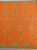 Orange Sequin Fabric on Dark Nude Mesh By The Yard Damask Design 4 Way Stretch Lace Sequin