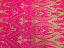 Hot Pink Sequins Fabrics on DK Nude Mesh, Damask Design 4Way Stretch Sequin By The Yard