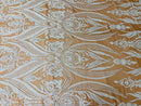 White Sequin Fabric on Dark Nude Mesh, Damask Design 4 Way Stretch Sequin Fabric Sold By The Yard