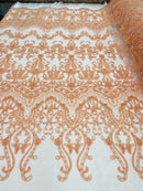 Peach Damask Design Beaded Fabric, Embroidered with Beads Wedding Bridal Sold By Yard