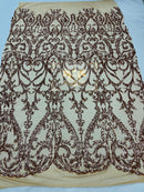 Rose Gold Sequin Fabric On a Mesh 4 Way Stretch, Sequins Fabric Damask Design By The Yard