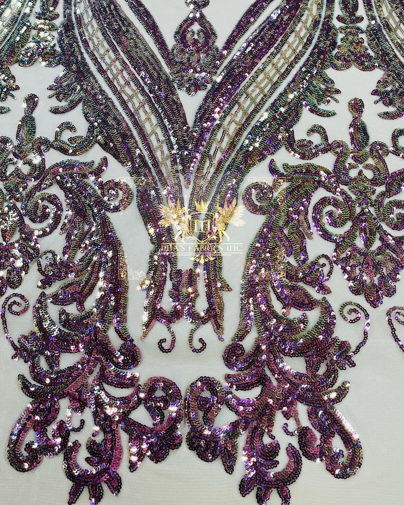Purple Iridescent Sequin Fabric on Nude Mesh 4 Way Stretch Sequins Fabric Sold By The Yard