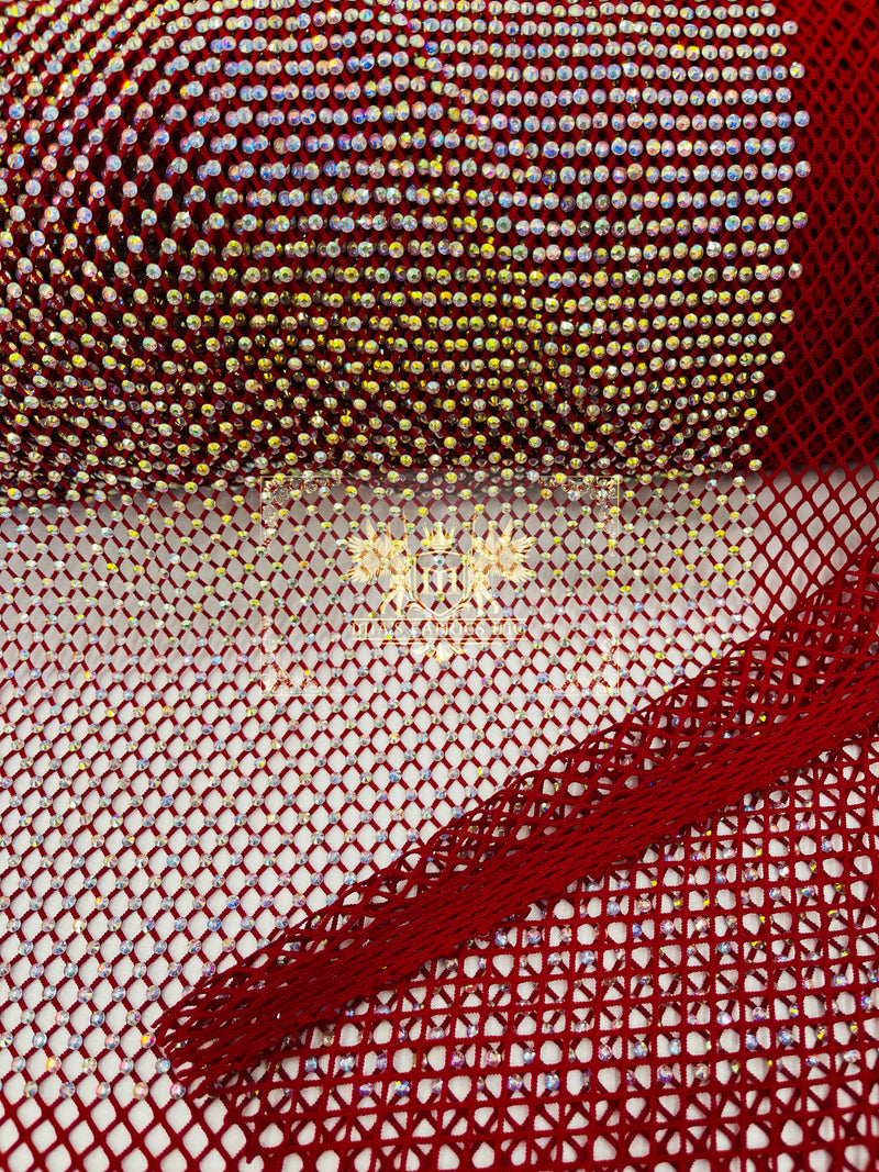 Fishnet Iridescent Rhinestones Fabric - Burgundy - Spandex Fabric Fish Net with Crystal Stones by Yard