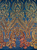 Orange Iridescent Sequins Fabric on Mesh, Damask Design 4Way Stretch Sequin By The Yard