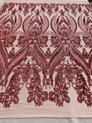 Pink Sequins Fabric on Mesh, Damask Design 4 Way Stretch Sequin Fabric Sold By The Yard