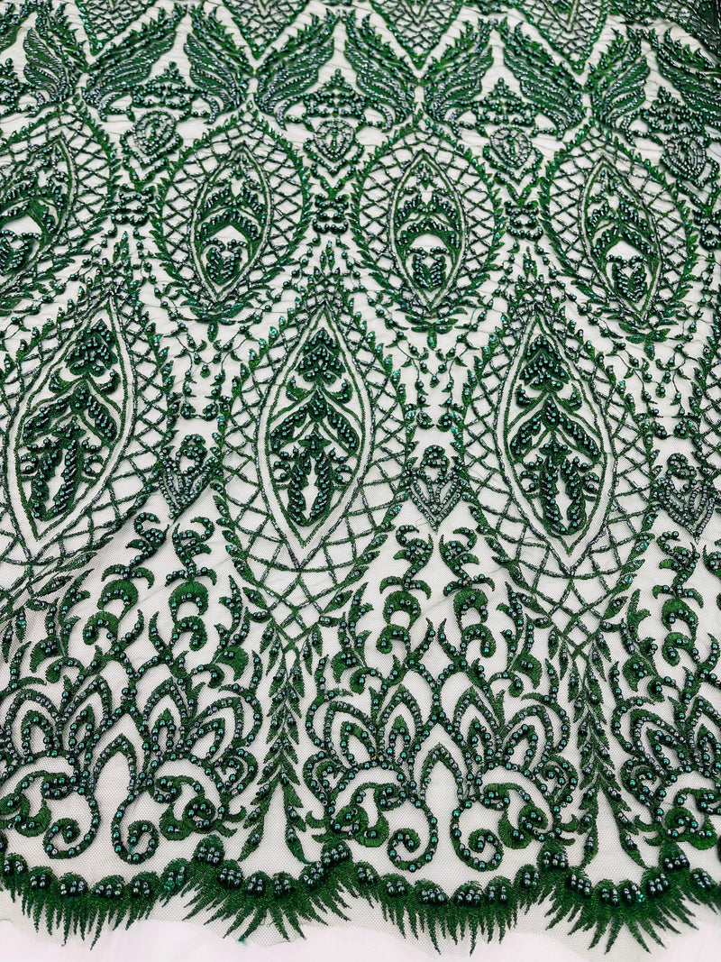 Beaded Fabric, Hunter Green Damask Design Embroidered with Beads Wedding Bridal Sold By Yard