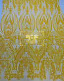 Yellow Iridescent Sequin Fabric on a Mesh 4 Way Stretch Sequins Fabric Sold By The Yard