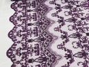 Plum Damask Design Beaded Fabric, Embroidered with Beads Wedding Bridal Sold By Yard