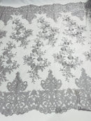 Silver Bridal Lace - By The Yard - Floral Damask Design Embroidered on Mesh Lace Fabric
