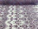 Lilac Damask Design Beaded Fabric, Embroidered with Beads Wedding Bridal Sold By Yard