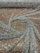 Beaded Sequins Mesh Fabric - Silver - Embroidered Beaded Wedding Bridal Fabric with Sequins By The Yard