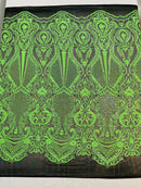 Neón Green Sequin Fabric on Black Mesh By The Yard Damask Design 4 Way Stretch Lace Sequin