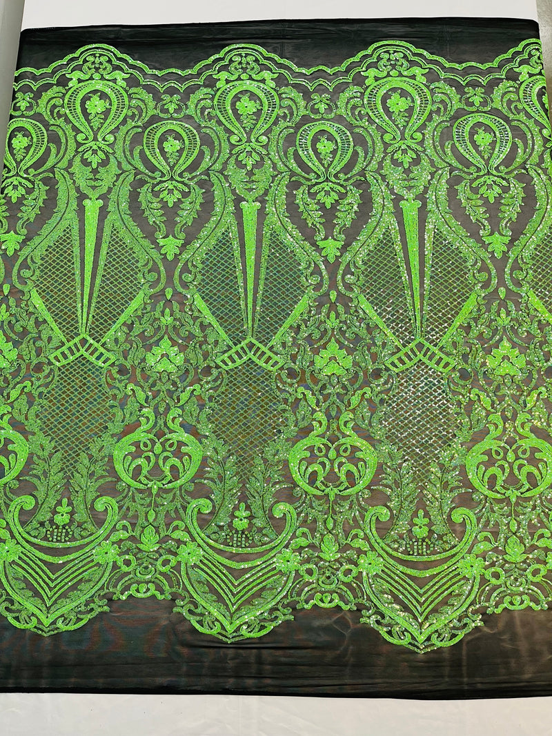Neón Green Sequin Fabric on Black Mesh By The Yard Damask Design 4 Way Stretch Lace Sequin