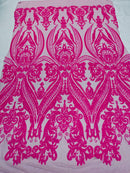 Hot Pink Sequins Fabric on Mesh, Damask Design 4 Way Stretch Sequin Fabric Sold By The Yard