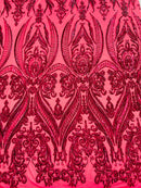 Fuchsia Sequins Fabric on Mesh, Damask Design 4 Way Stretch Sequin Fabric Sold By The Yard