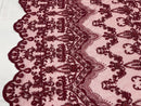Burgundy Damask Design Beaded Fabric, Embroidered with Beads Wedding Bridal Sold By Yard