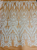 White Sequin Fabric on Dark Nude Mesh, Damask Design 4 Way Stretch Sequin Fabric Sold By The Yard