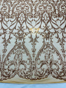 Matte Gold Sequin Fabric On a Mesh 4 Way Stretch, Sequins Fabric Damask Design By The Yard