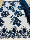 Navy 3D Floral Design Embroider and Beaded With Pearls On a Mesh Lace-Prom-Dresses By The Yard