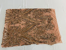 Coffee Sequins Fabric on Mesh, Damask Design 4 Way Stretch Sequin Fabric Sold By The Yard