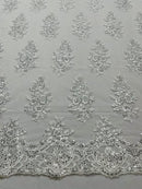 Lace Fabric - by the yard - Corded Flower Embroidery With Sequins on a Mesh Lace Fabric For Wedding