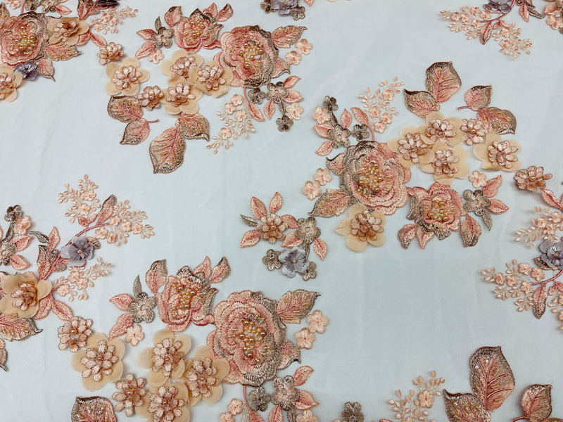 Peach 3D Floral Design Embroider and Beaded With Pearls On a Mesh Lace-Prom-Dresses By The Yard