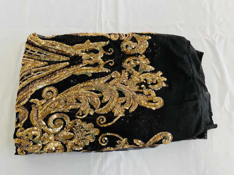 Gold Sequins Fabric on Black Mesh, Damask Design 4 Way Stretch Sequin Fabric Sold By The Yard