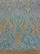 Aqua Iridescent Sequins Fabric Damask Design 4 Way Stretch Sequin Fabric Sold By The Yard