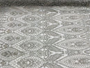 Beaded Fabric, Silver Damask Design Embroidered with Beads Wedding Bridal Sold By Yard