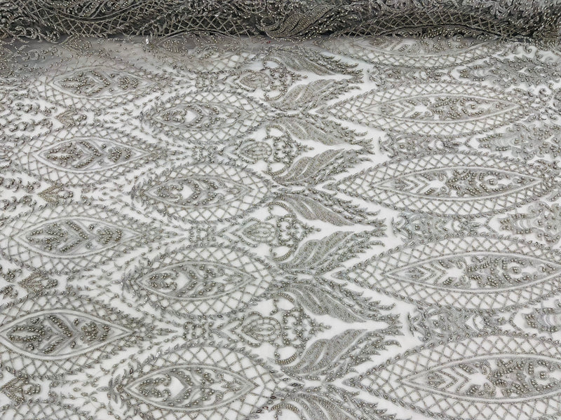 Beaded Fabric, Silver Damask Design Embroidered with Beads Wedding Bridal Sold By Yard