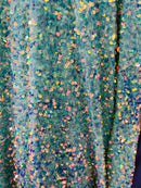 Sea Shell Sequins Velvet - Clear Iridescent on Mint - Velvet Sequins Fabric By Yard