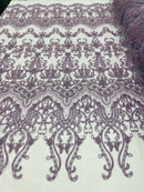 Lilac Damask Design Beaded Fabric, Embroidered with Beads Wedding Bridal Sold By Yard