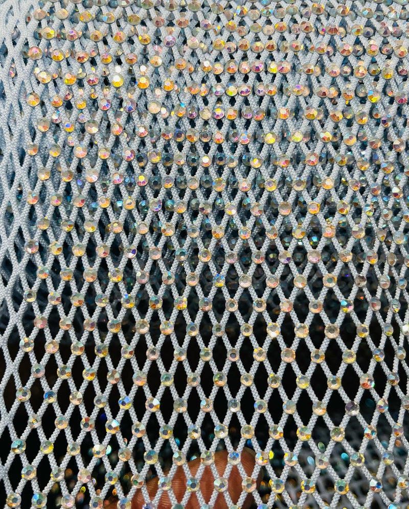 Iridescent Rhinestones Fabric On Baby Blue 4way Stretch Net Fabric,Fish Net with Crystal Stones By Yard