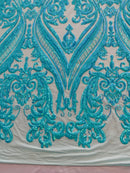 Mint Iridescent Sequins Fabric on a Mesh, Damask Design 4Way Stretch Sequin By The Yard