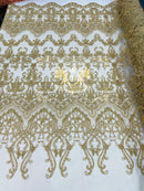 Gold Damask Design Beaded Fabric, Embroidered with Beads Wedding Bridal Sold By Yard