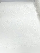 White Bridal Lace - By The Yard - Floral Damask Design Embroidered on Mesh Lace Fabric
