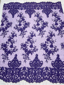 Purple Floral Bridal Lace - By The Yard - Damask Design Embroidered on Mesh Lace Fabric