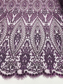 Beaded Fabric, Plum Damask Design Embroidered with Beads Wedding Bridal Sold By Yard