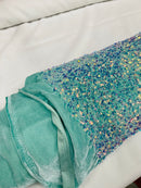Sea Shell Sequins Velvet - Clear Iridescent on Mint - Velvet Sequins Fabric By Yard