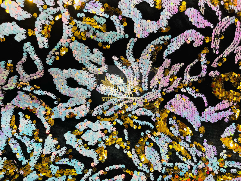 Iridescent unicorn/Gold Sequin on Stretch Velvet With Two Tone Sequins all Over 5mm Shining Sequins Flip By The Yard