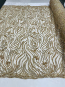 Honey Gold Bridal Lace, Beaded Fabric - by the yard - Embroidered Design with Beads and Sequins