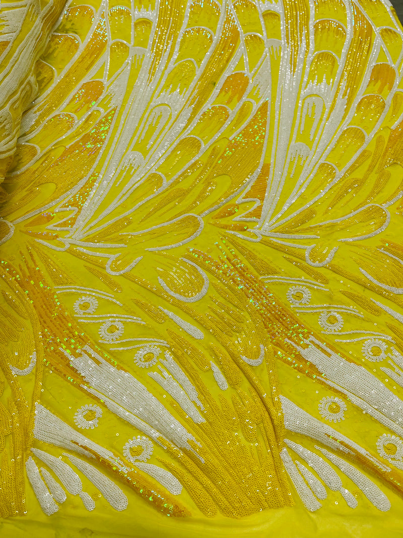 Yellow Multi Color Iridescent Sequins - Damask Net Fancy Design 4 Way Stretch Fabric By Yard