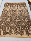 Mocha Sequins Fabric on Mesh, Damask Design 4 Way Stretch Sequin Fabric Sold By The Yard