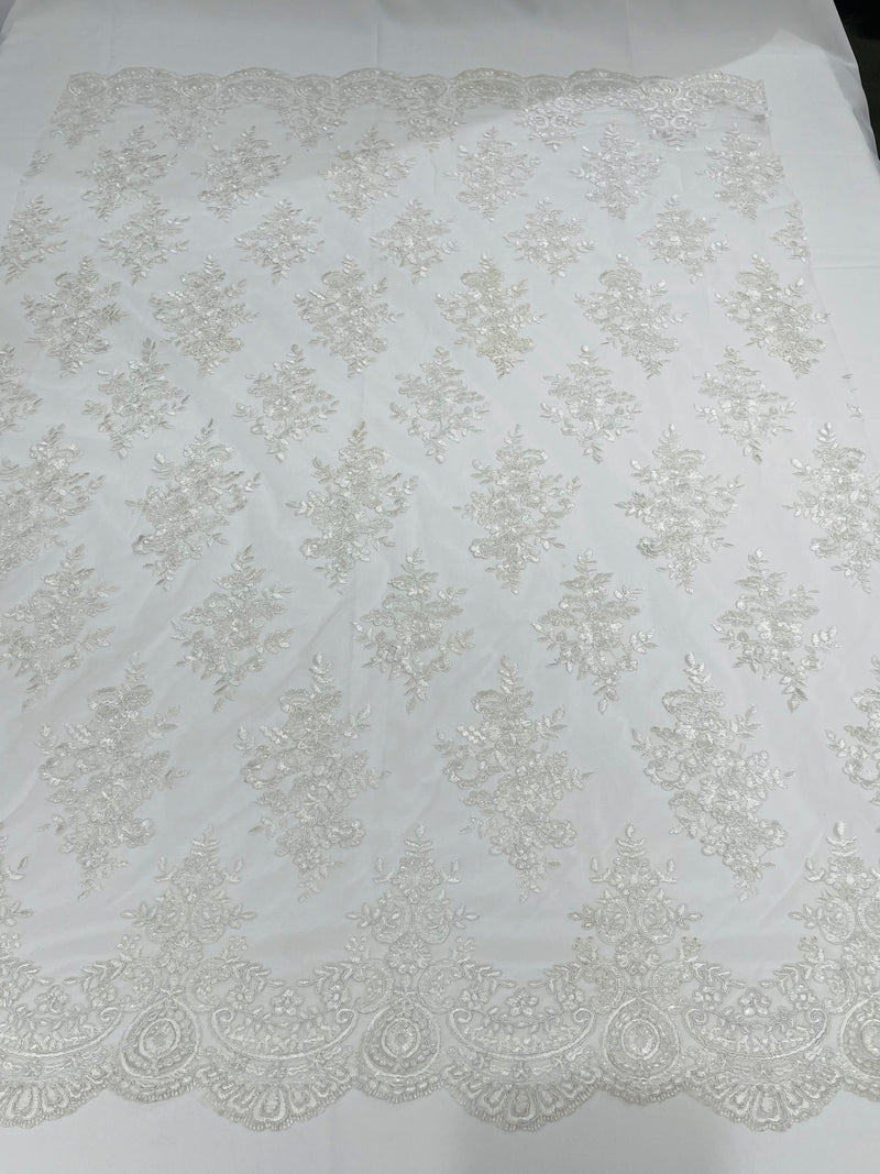 Flower Lace Fabric - by yard - Floral Clusters Embroidered Lace Mesh Fabric