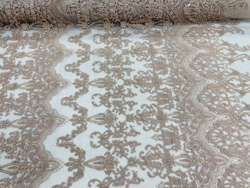 Blush Damask Design Beaded Fabric, Embroidered with Beads Wedding Bridal Sold By Yard