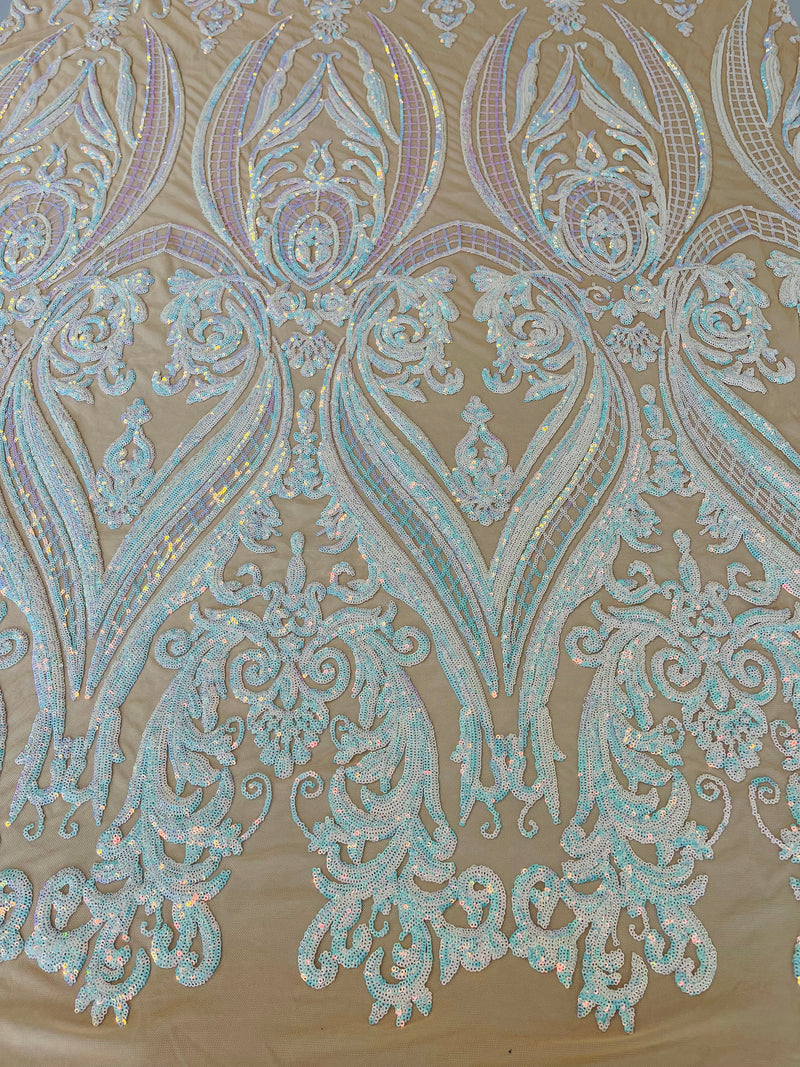 Aqua Iridescent Sequins Fabric on Nude Mesh, Damask Design 4Way Stretch Sequin By The Yard