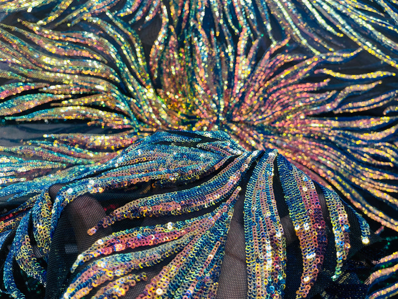 Feather Wings Sequins - Rainbow Iridescent on Black - 4 Way Stretch Embroidered Wings Sequin By Yard