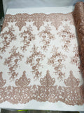 Bridal Lace - By The Yard - Floral Damask Design Embroidered on Mesh Lace Fabric