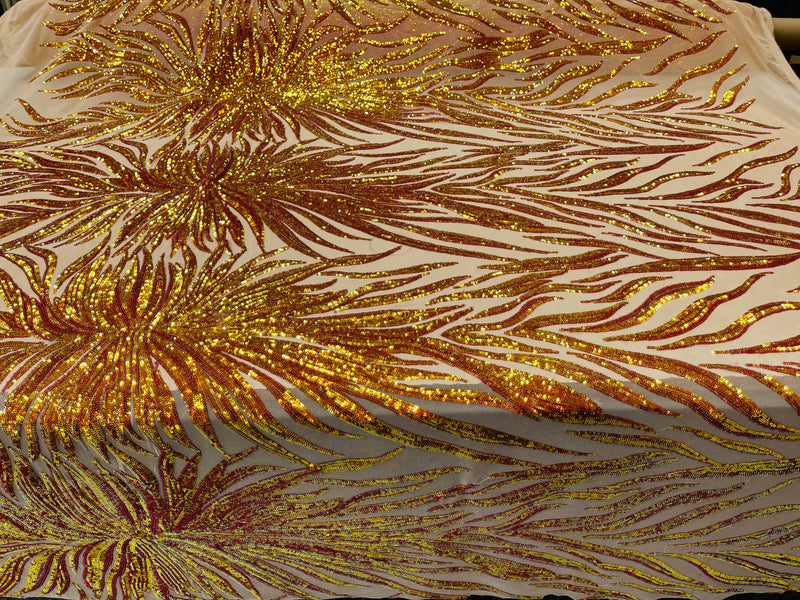 Feather Wings Sequins - Orange Iridescent on Nude - 4 Way Stretch Embroidered Wings Sequin By Yard